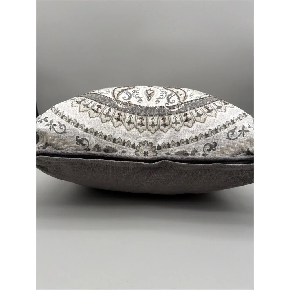 Set of 3 Beaded Medallion Decorative Pillows 18x18 Gray Ivory Paisley*